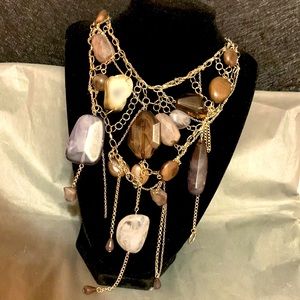 Tan and Gray Bead Necklace on Silver Chain